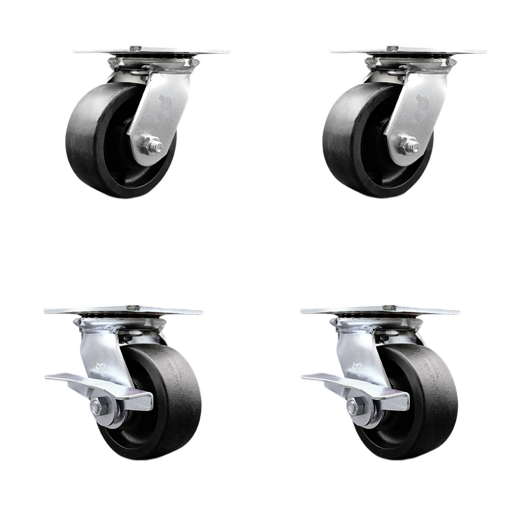 Heavy Duty Large Top Plate Glass Filled Nylon Swivel Caster Set of 4 w/5" x 2" Black Wheels - Includes 2 Swivel with Brakes & 2 Swivel - 6000 lbs Total Capacity - Service Caster Brand — photo 1