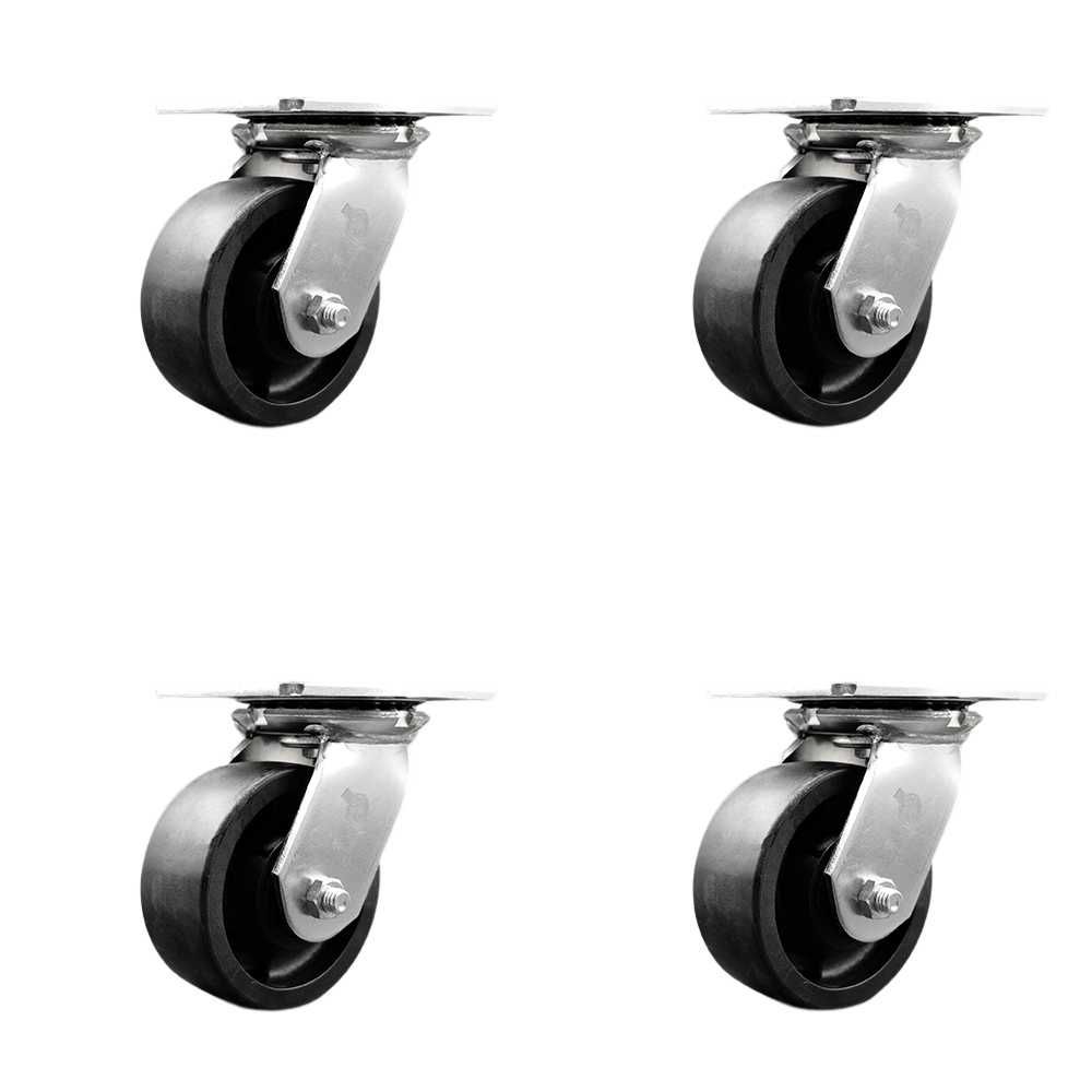 Heavy Duty Large Top Plate Glass Filled Nylon Swivel Caster w/Main. Free Bearings Set of 4 and  w/5" x 2" Black Wheels - Includes 4 Swivel - 6000 lbs Total Capacity - Service Caster Brand — photo 1