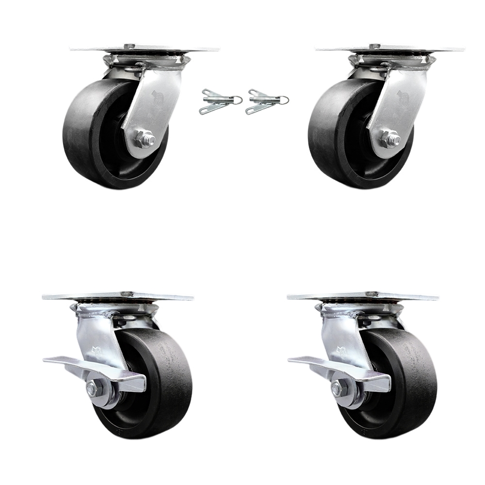 Heavy Duty Large Top Plate Glass Filled Nylon Swivel Caster Set of 4 w/5" x 2" Black Wheels - Includes 2 Swivel with Bolt on Swivel Locks&2 Swivel with Brakes-6000lbs Total Cpty - Service Caster Brand — photo 1