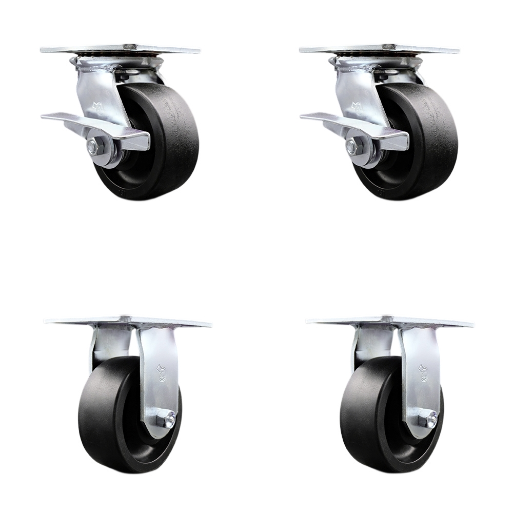 Heavy Duty Large Top Plate Glass Filled Nylon Swivel Caster Set of 4 w/5" x 2" Black Wheels - Includes 2 Swivel with Brakes & 2 Rigid - 6000 lbs Total Capacity - Service Caster Brand — photo 1