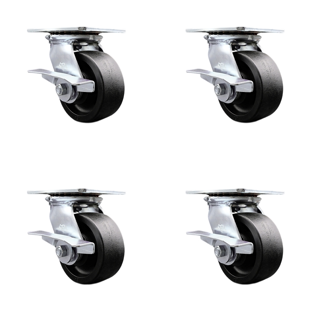 Heavy Duty Large Top Plate Glass Filled Nylon Swivel Caster w/Main. Free Bearings Set of 4 w/5" x 2" Black Wheels - Includes 4 Swivel w/Side Lock Brakes - 6000lbs Total Cpty - Service Caster Brand — photo 1