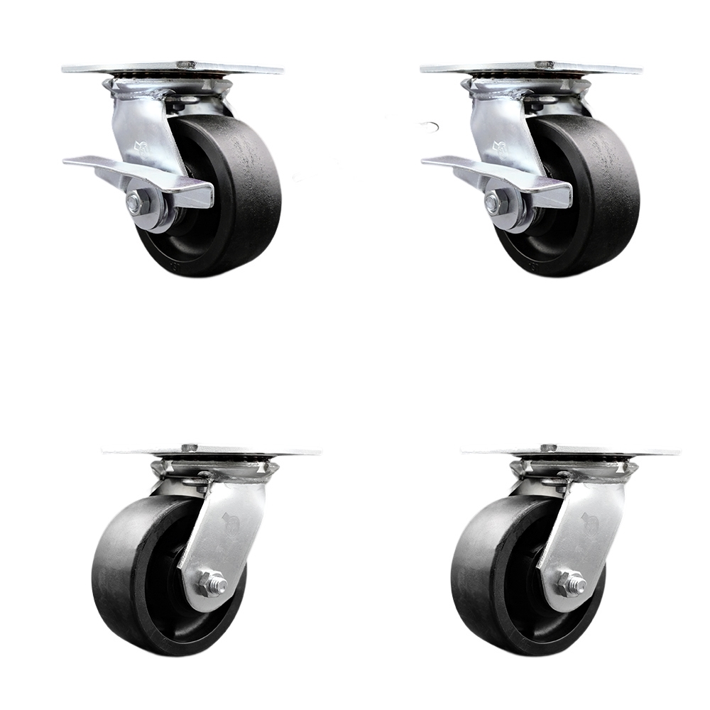 Heavy Duty Large Top Plate Glass Filled Nylon Swvl Caster w/Main. Free Bearings Set 4 w/5" Black Wheels-Includes 2 Swvl w/BRKs and Bolt on Swvl Lck& 2 Swvl w/Bolt on Swvl Lck - Service Caster Brand — photo 1