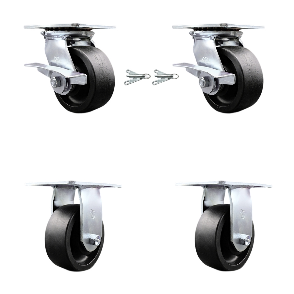 Heavy Duty Large Top Plate Glass Filled Nylon Swvl Caster w/Main. Free Bearing Set 4 w/5" x 2" Black Wheel-Includes 2 Swvl with BRKs and Bolt on Swvl Lck&2 Rigid-6000lb Total Cpty-Service Caster Brand — photo 1