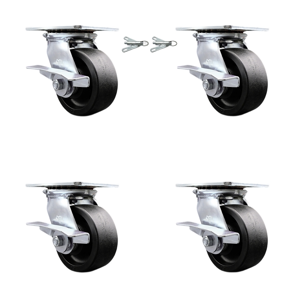 Heavy Duty Large Top Plate Glass Filled Nylon Swivel Caster Set 4 w/5" x 2" Black Wheels-Includes 2 Swivel with Brakes and Bolt on Swvl Lcks&2 Swvl with Brakes-6000 lbs Total Cpty-Service Caster Brand — photo 1