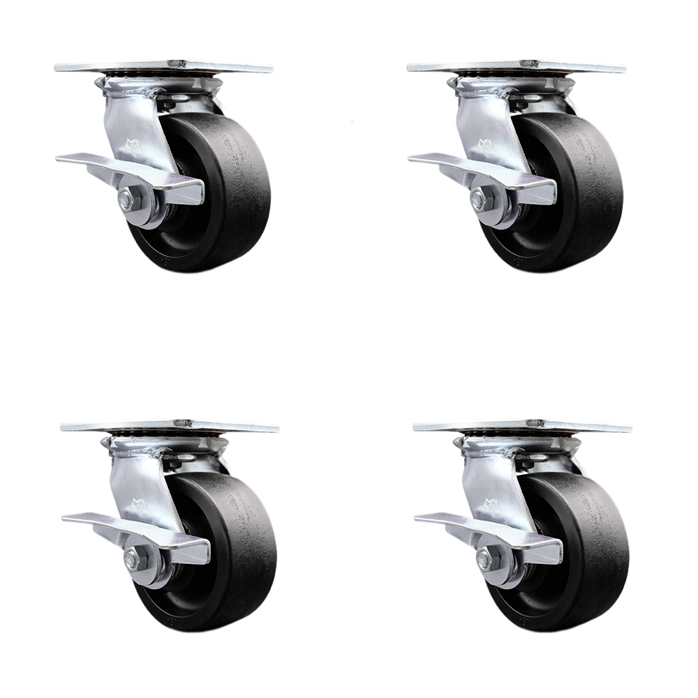Heavy Duty Large Top Plate Glass Filled Nylon Swivel Caster w/Main. Free Bearings Set 4 w/5" x 2" Black Wheels-Includes 4 Swvl w/Side Lck Brake&Bolt on Swvl Lck-6000lbs Total Cpty-Service Caster Brand — photo 1
