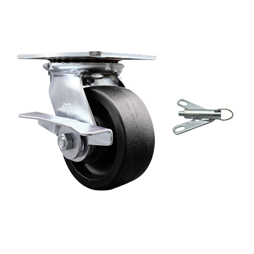 Heavy Duty Large Top Plate Glass Filled Nylon Swivel Caster w/Main. Free Bearings and 5" x 2" Black Wheel & Side Lck Brake and Bolt on Swivel Lock - 1500 lbs Capacity/Caster - Service Caster Brand — photo 1