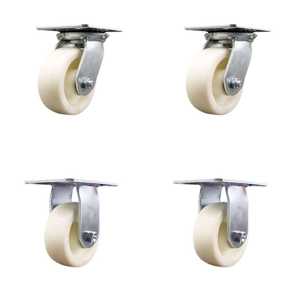 Heavy Duty Large Top Plate Nylon Swivel Caster Set of 4 w/5" x 2" White Wheels - Includes 2 Swivel & 2 Rigid - 3600 lbs Total Capacity - Service Caster Brand — photo 1
