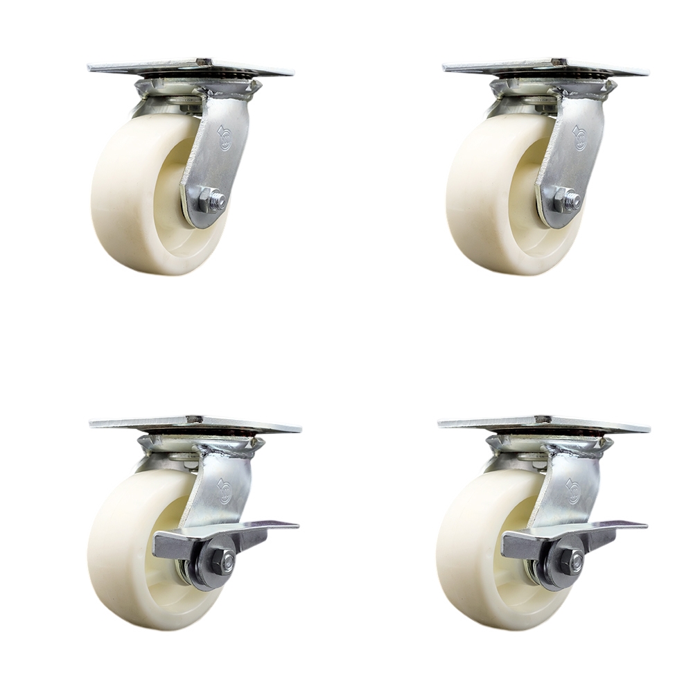 Heavy Duty Large Top Plate Nylon Swivel Caster Set of 4 w/5" x 2" White Wheels - Includes 2 Swivel with Brakes & 2 Swivel - 3600 lbs Total Capacity - Service Caster Brand — photo 1