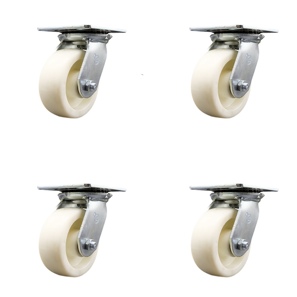 Heavy Duty Large Top Plate Nylon Swivel Caster w/Main. Free Bearings Set of 4 w/5" x 2" White Wheels - Includes 4 Swivel w/Bolt on Swivel Locks - 3600 lbs Total Capacity - Service Caster Brand — photo 1