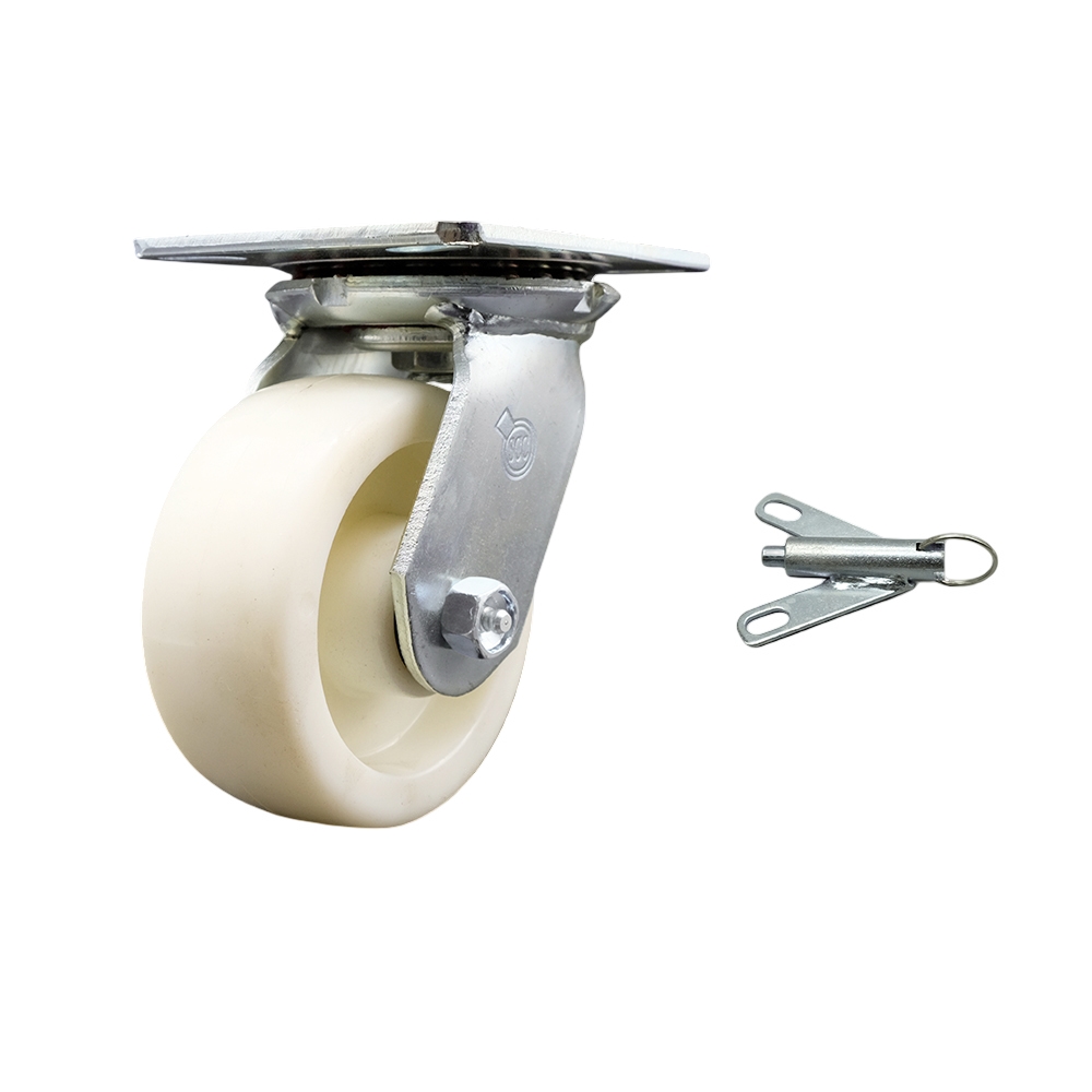 Heavy Duty Large Top Plate Nylon Swivel Caster w/Main. Free Bearings and 5" x 2" White Wheel & Bolt on Swivel Lock - 900 lbs Capacity/Caster - Service Caster Brand — photo 1