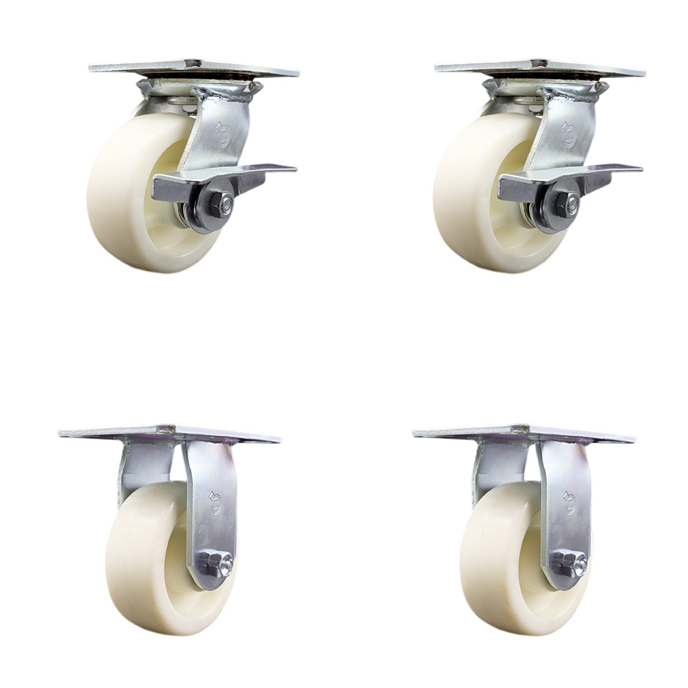 Heavy Duty Large Top Plate Nylon Swivel Caster w/Main. Free Bearings Set of 4 w/5" x 2" White Wheels - Includes 2 Swivel with Brakes & 2 Rigid - 3600 lbs Total Capacity - Service Caster Brand — photo 1
