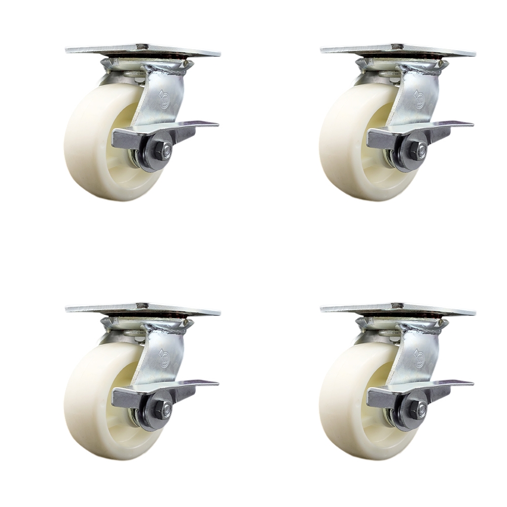 Heavy Duty Large Top Plate Nylon Swivel Caster w/Main. Free Bearings Set of 4 w/5" x 2" White Wheels - Includes 4 Swivel w/Side Lck Brakes - 3600 lbs Total Capacity - Service Caster Brand — photo 1