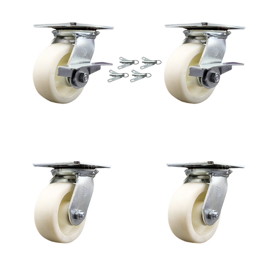 Heavy Duty Large Top Plate Nylon Swivel Caster w/Main. Free Bearings Set 4 w/5" x 2" White Wheels-Includes 2 Swvl w/Brakes and Bolt on Swvl Lcks& 2 Swvl w/Bolt on Swvl Lcks-Service Caster Brand — photo 1