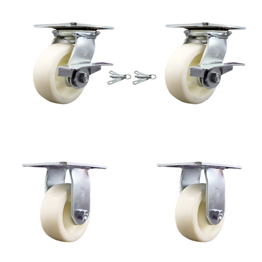 Heavy Duty Large Top Plate Nylon Swivel Caster w/Main. Free Bearings Set of 4 w/5" x 2" White Wheels - Includes 2 Swvl with Brakes and Bolt on Swvl Lcks&2 Rigid-3600lbs Total Cpty-Service Caster Brand — photo 1