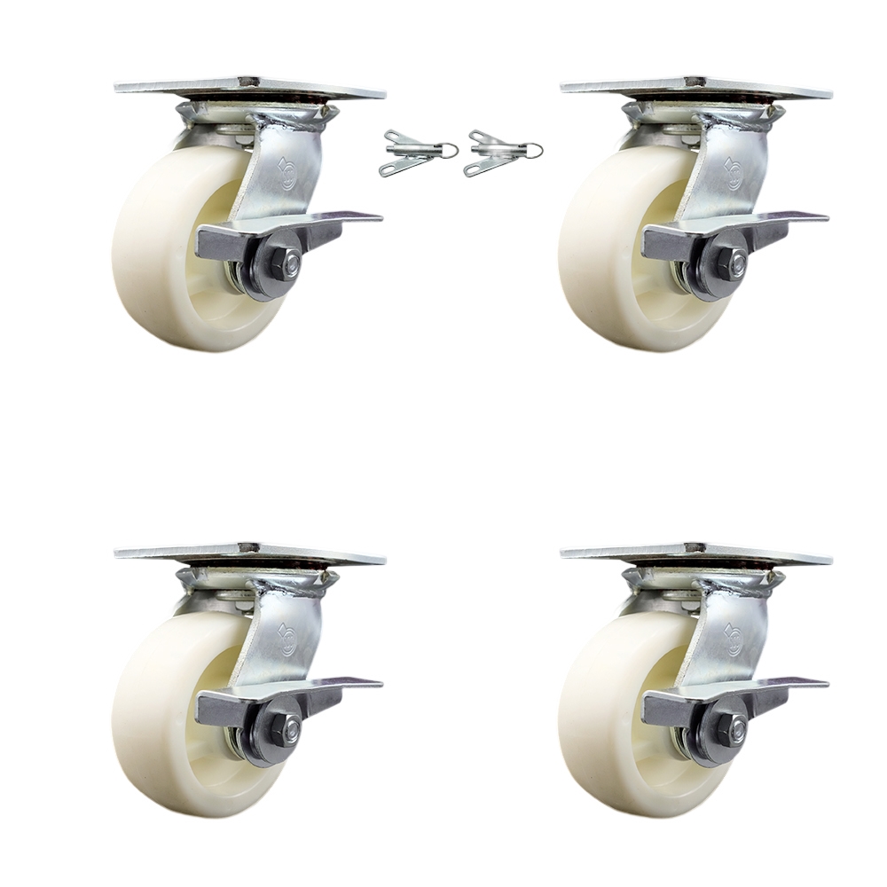 Heavy Duty Large Top Plate Nylon Swivel Caster Set 4 w/5" x 2" White Wheels-Includes 2 Swivel with Brakes and Bolt on Swivel Locks&2 Swivel with Brakes-3600 lbs Total Cpty-Service Caster Brand — photo 1