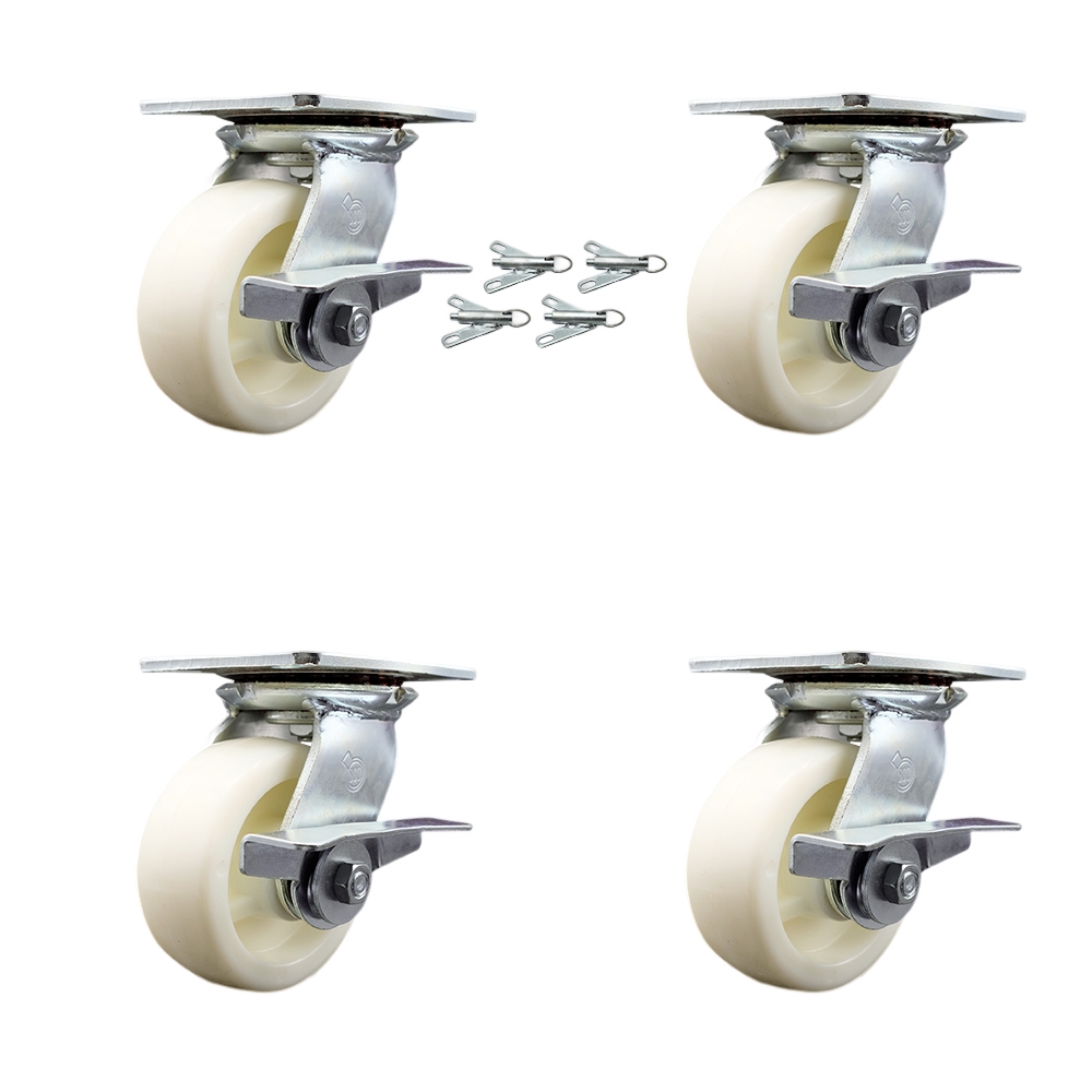 Heavy Duty Large Top Plate Nylon Swivel Caster Set of 4 w/5" x 2" White Wheels - Includes 4 Swivel w/Side Lck Brakes & Bolt on Swivel Locks - 3600 lbs Total Capacity - Service Caster Brand — photo 1