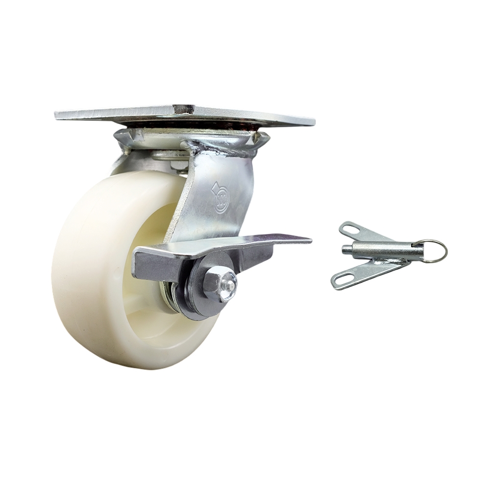 Heavy Duty Large Top Plate Nylon Swivel Caster w/Main. Free Bearings and 5" x 2" White Wheel & Side Lck Brake and Bolt on Swivel Lock - 900 lbs Capacity/Caster - Service Caster Brand — photo 1