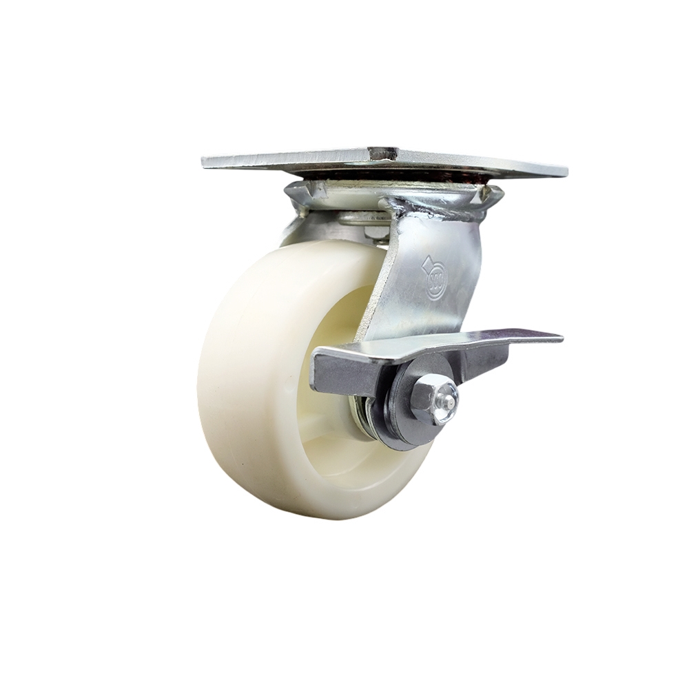 Heavy Duty Large Top Plate Nylon Swivel Caster w/5" x 2" White Wheel & Side Lck Brake - 900 lbs Capacity/Caster - Service Caster Brand — photo 1
