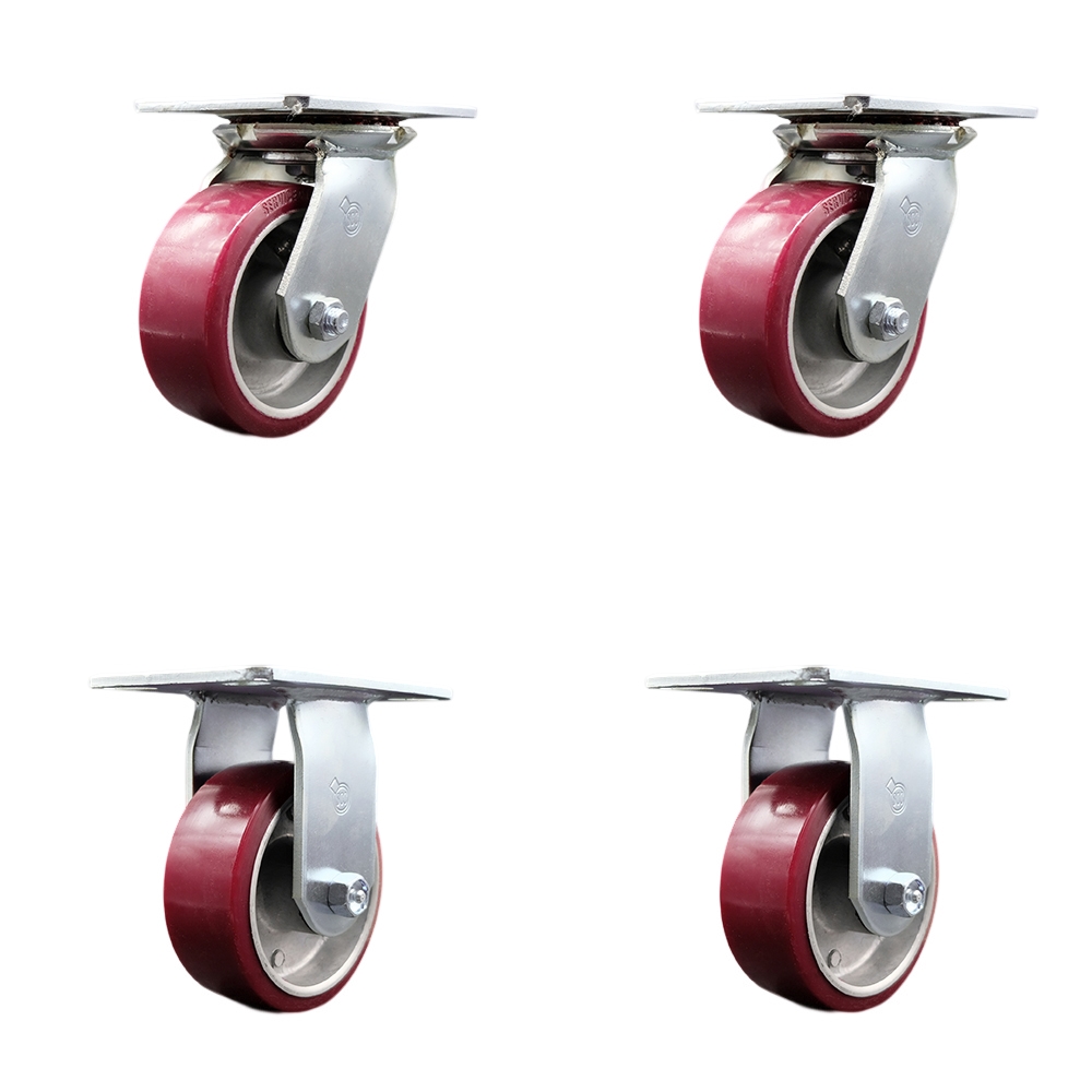 Heavy Duty Large Top Plate Polyurethane on Aluminum Swivel Caster Set of 4 w/5" x 2" Maroon Wheels - Includes 2 Swivel & 2 Rigid - 3600 lbs Total Capacity - Service Caster Brand — photo 1