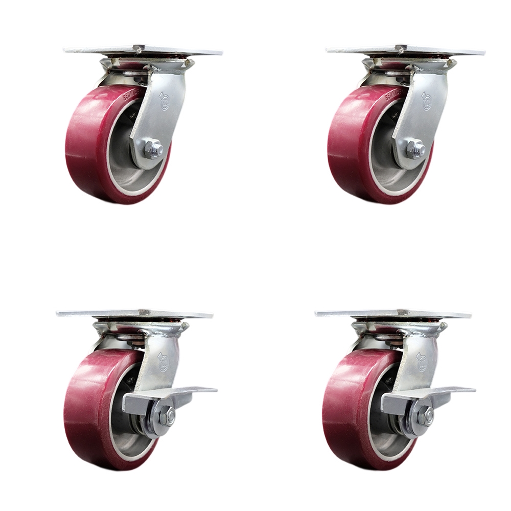 Heavy Duty Large Top Plate Polyurethane on Aluminum Swivel Caster w/Main. Free Bearings Set of 4 w/5" x 2" Maroon Wheels-Includes 2 Swivel with Brake&2 Swivel-3600lbs Total Cpty - Service Caster Brand — photo 1
