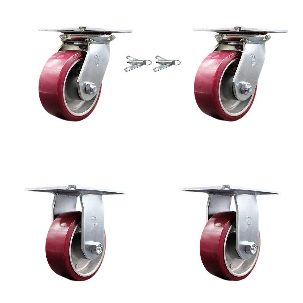 Heavy Duty Large Top Plate Polyurethane on Aluminum Swivel Caster w/Main. Free Bearings Set of 4 w/5" x 2" Maroon Wheels - Includes 2 Swivel with Bolt on Swivel Locks & 2 Rigid - Service Caster Brand — photo 1