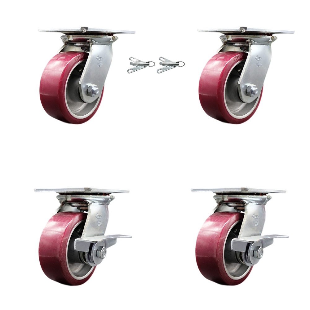 Heavy Duty Large Top Plate Polyurethane on Aluminum Swivel Caster Set of 4 w/5" x 2" Maroon Wheels-Includes 2 Swivel with Bolt on Swvl Lcks&2 Swvl with Brakes-3600lbs Total Cpty - Service Caster Brand — photo 1