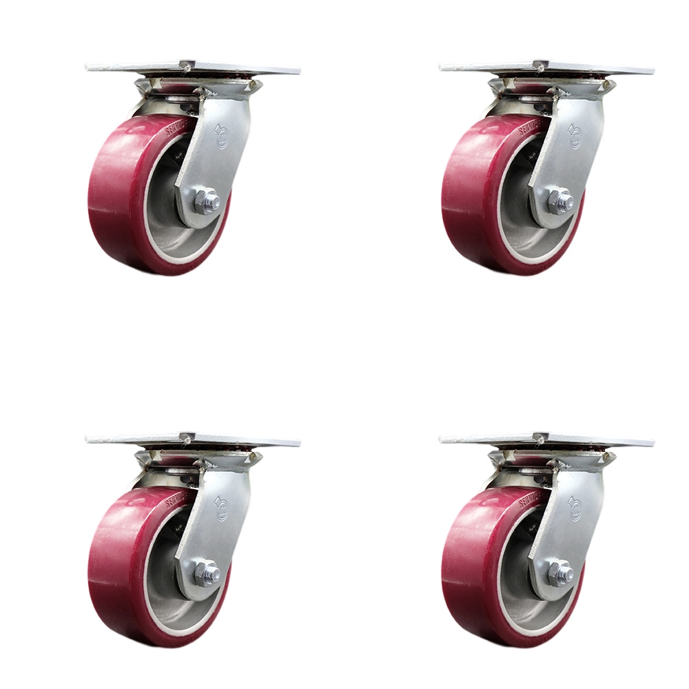 Heavy Duty Large Top Plate Polyurethane on Aluminum Swivel Caster Set of 4 w/5" x 2" Maroon Wheels - Includes 4 Swivel w/Bolt on Swivel Locks - 3600 lbs Total Capacity - Service Caster Brand — photo 1