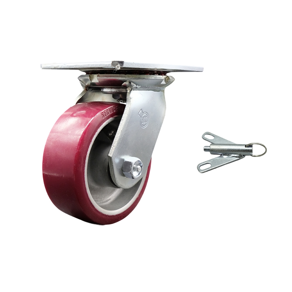 Heavy Duty Large Top Plate Polyurethane on Aluminum Swivel Caster w/Main. Free Bearings and 5" x 2" Maroon Wheel & Bolt on Swivel Lock - 900 lbs Capacity/Caster - Service Caster Brand — photo 1