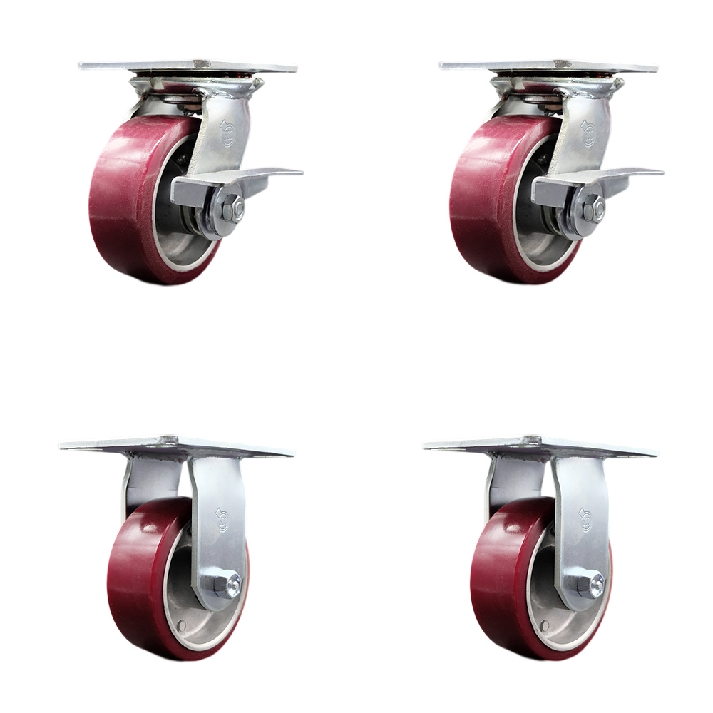 Heavy Duty Large Top Plate Polyurethane on Aluminum Swivel Caster Set of 4 w/5" x 2" Maroon Wheels - Includes 2 Swivel with Brakes & 2 Rigid - 3600 lbs Total Capacity - Service Caster Brand — photo 1