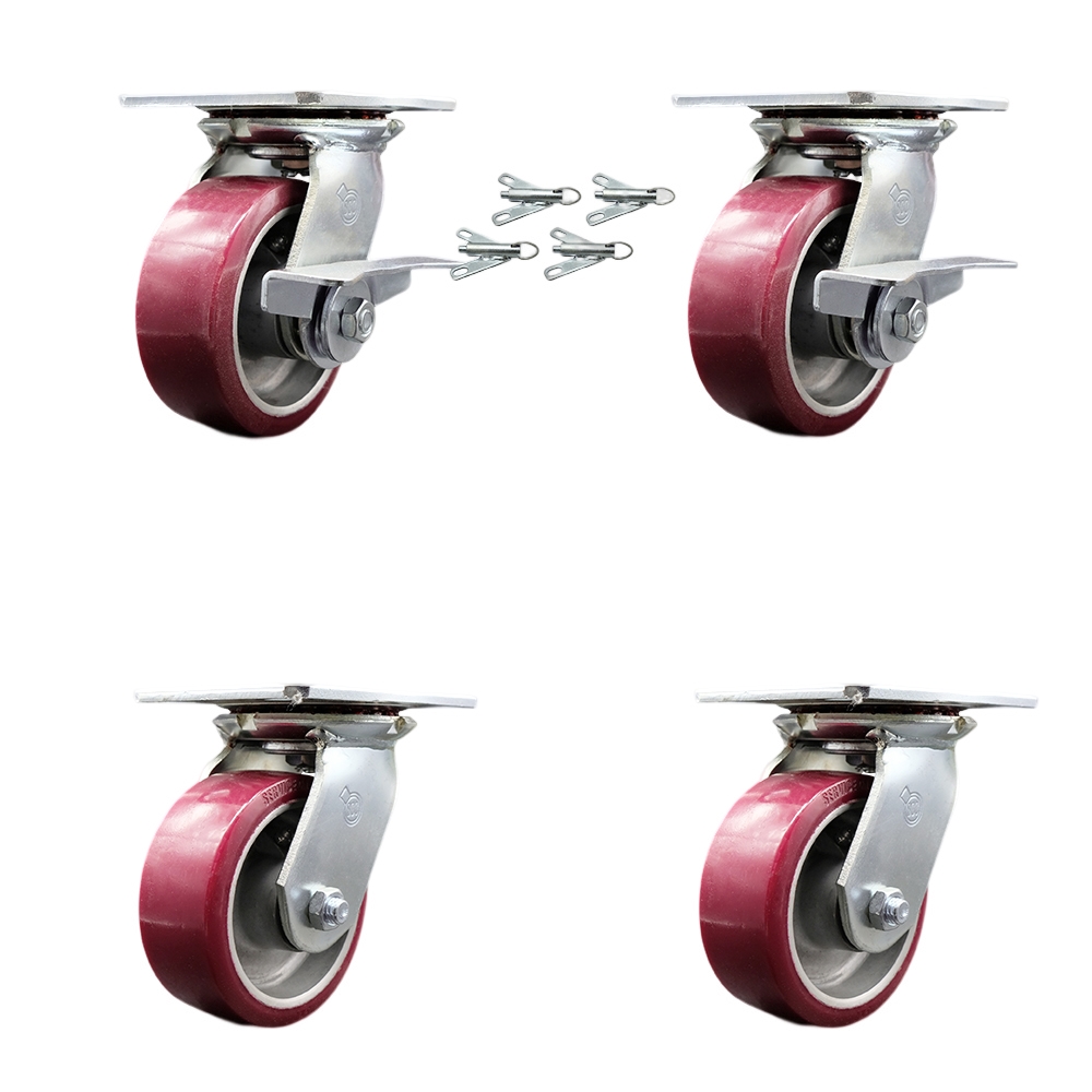 Heavy Duty Large Top Plate Poly on Alum Swivel Caster w/Main. Free Bearings Set 4 w/5" x 2" Maroon Wheels-Includes 2 Swvl w/Brakes and Bolt on Swvl Lck&2 Swvl w/Bolt on Swvl Lck - Service Caster Brand — photo 1