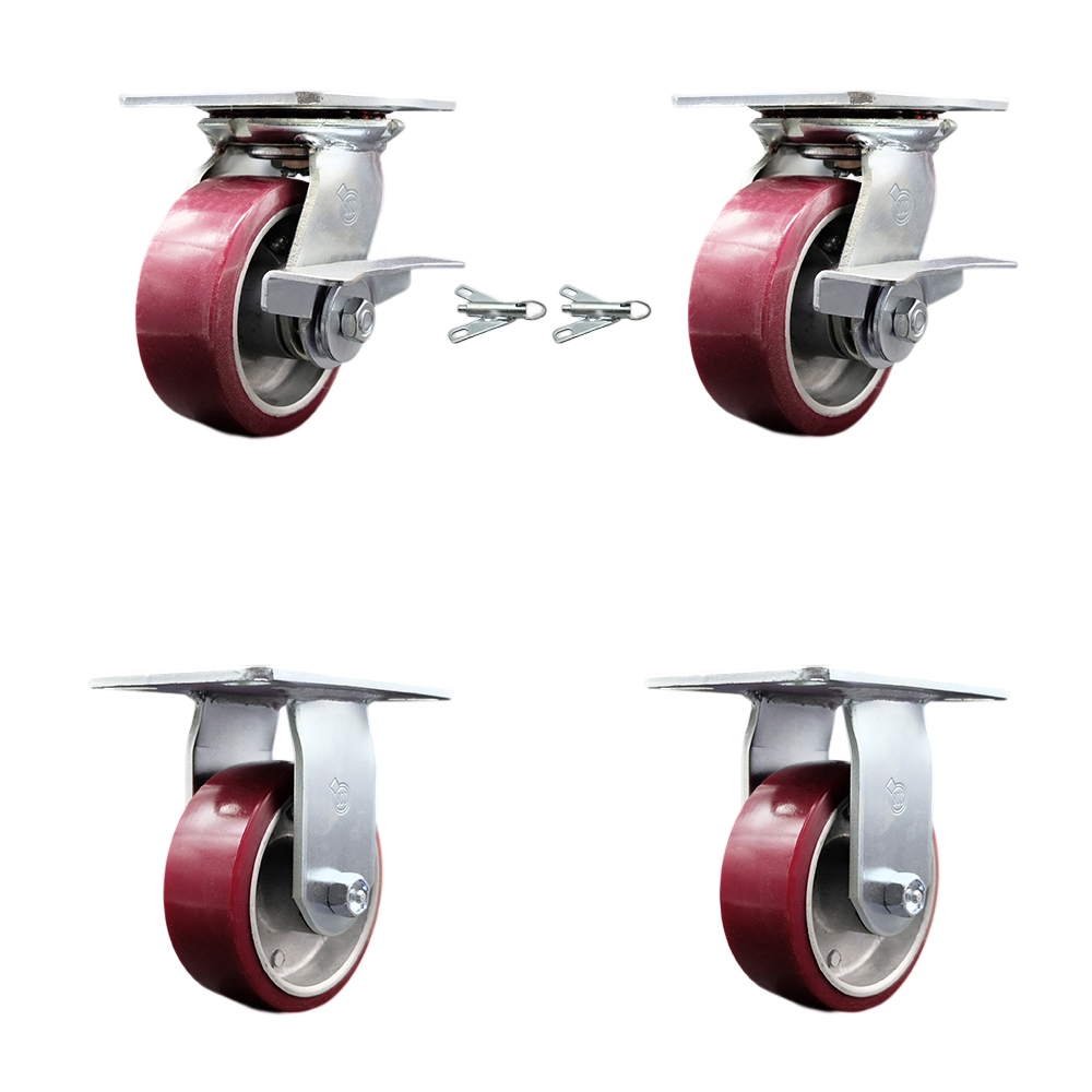Heavy Duty Large Top Plate Polyurethane on Aluminum Swivel Caster Set of 4 w/5" x 2" Maroon Wheels-Includes 2 Swivel with Brakes and Bolt on Swvl Lcks&2 Rigid-3600lbs Total Cpty - Service Caster Brand — photo 1