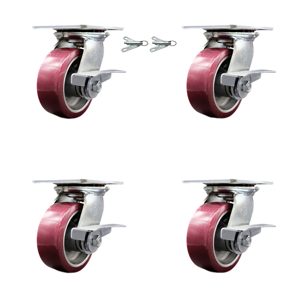 Heavy Duty Large Top Plate Poly on Aluminum Swivel Caster Set 4 w/5" x 2" Maroon Wheels-Includes 2 Swivel with Brakes and Bolt on Swvl Lcks&2 Swvl with Brakes-3600lbs Total Cpty - Service Caster Brand — photo 1