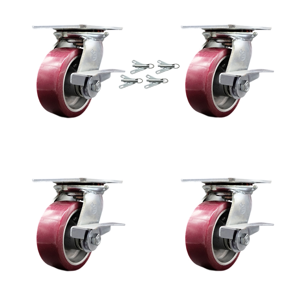 Heavy Duty Large Top Plate Polyurethane on Aluminum Swivel Caster w/Main. Free Bearings Set of 4 w/5" x 2" Maroon Wheels-Includes 4 Swivel w/Side Lck Brakes&Bolt on Swivel Locks - Service Caster Brand — photo 1