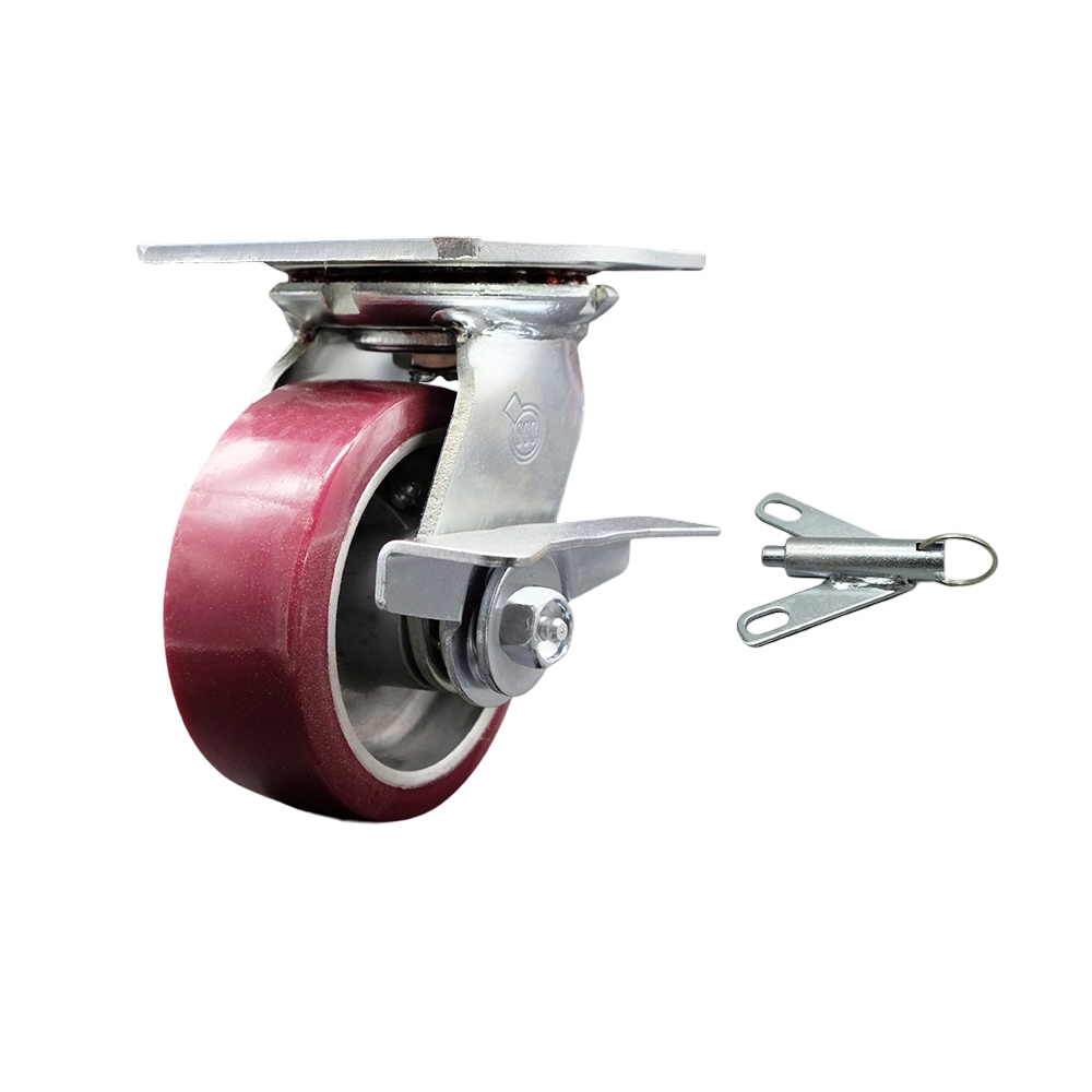 Heavy Duty Large Top Plate Polyurethane on Aluminum Swivel Caster w/5" x 2" Maroon Wheel & Side Lck Brake and Bolt on Swivel Lock - 900 lbs Capacity/Caster - Service Caster Brand — photo 1
