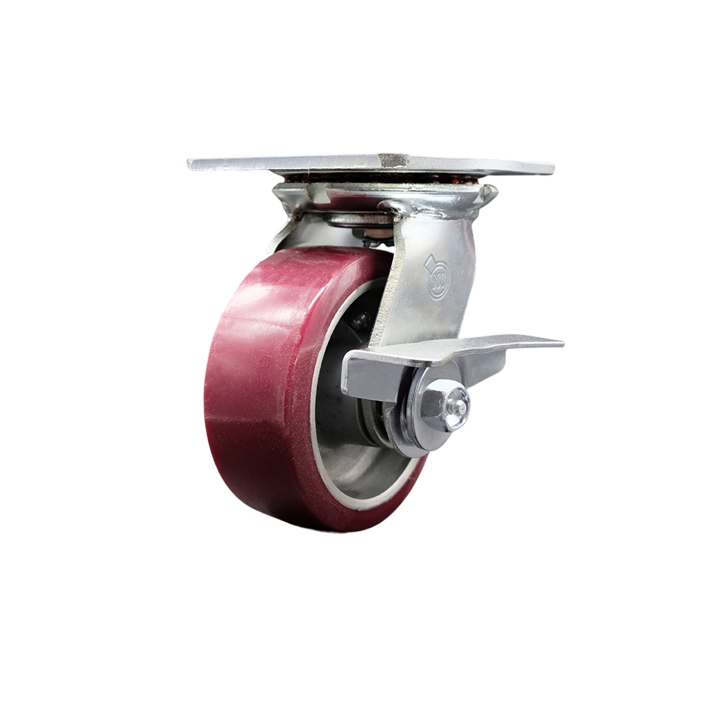 Heavy Duty Large Top Plate Polyurethane on Aluminum Swivel Caster w/5" x 2" Maroon Wheel & Side Lck Brake - 900 lbs Capacity/Caster - Service Caster Brand — photo 1