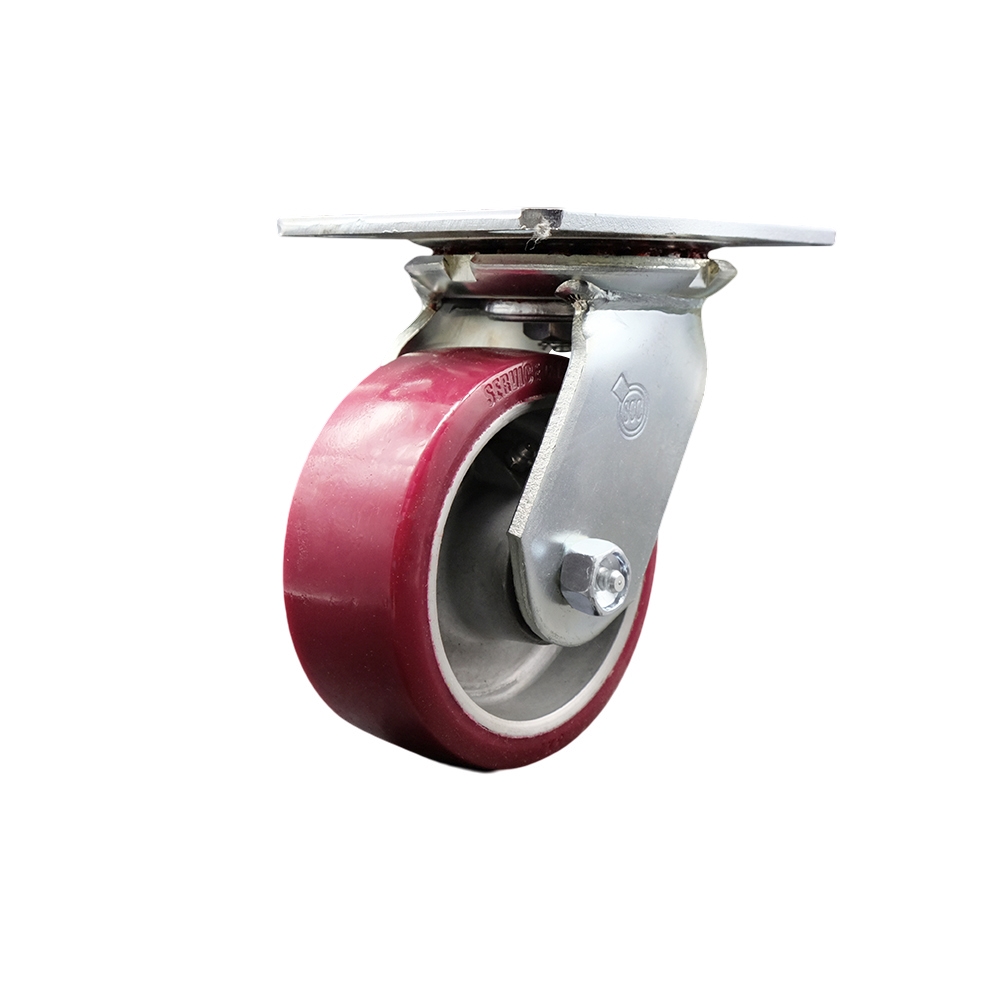 Heavy Duty Large Top Plate Polyurethane on Aluminum Swivel Caster w/5" x 2" Maroon Wheel - 900 lbs Capacity/Caster - Service Caster Brand — photo 1