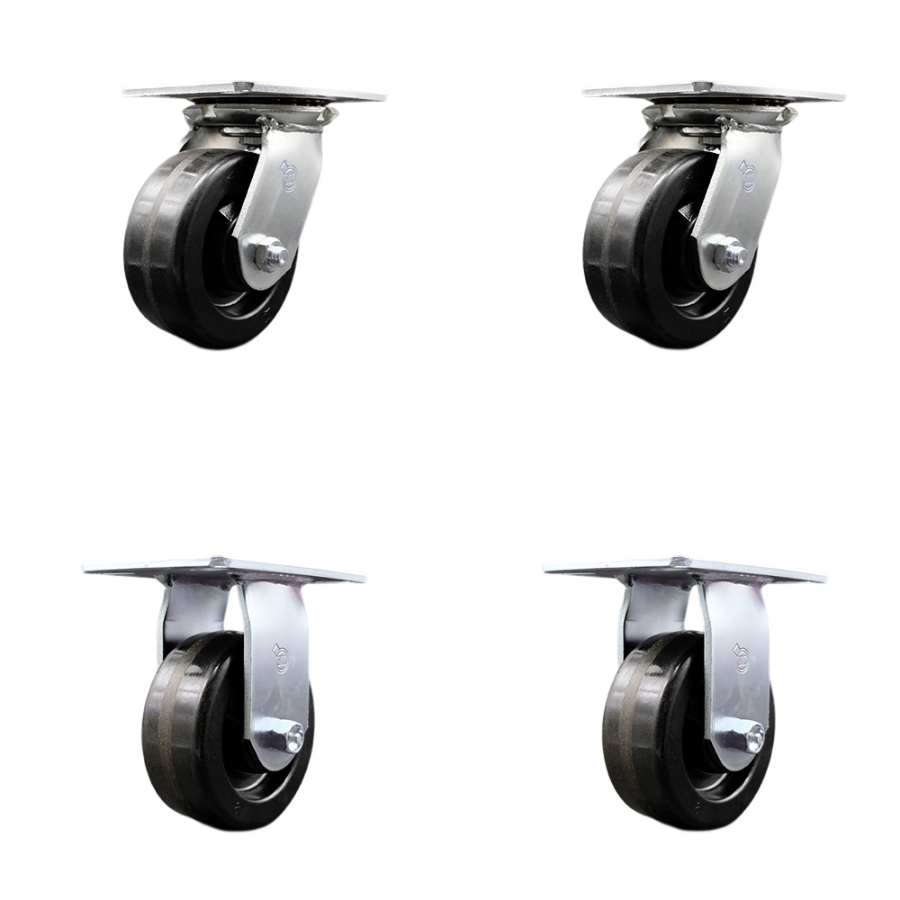 Heavy Duty Large Top Plate Phenolic Swivel Caster w/Main. Free Bearings Set of4 w/5" x 2" Black Wheels - Includes 2 Swivel & 2 Rigid - 4000 lbs Total Capacity - Service Caster Brand — photo 1