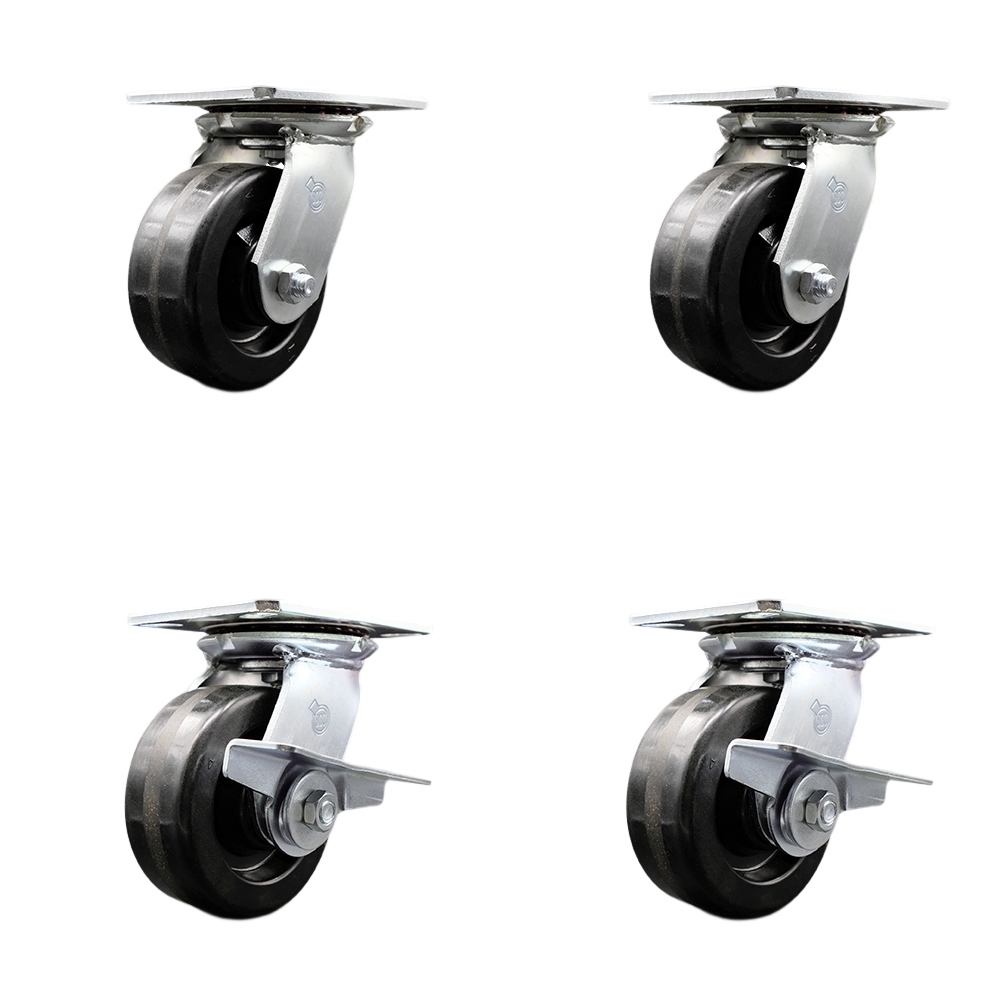 Heavy Duty Large Top Plate Phenolic Swivel Caster w/Main. Free Bearings Set of4 w/5" x 2" Black Wheels - Includes 2 Swivel with Brakes & 2 Swivel - 4000 lbs Total Capacity - Service Caster Brand — photo 1