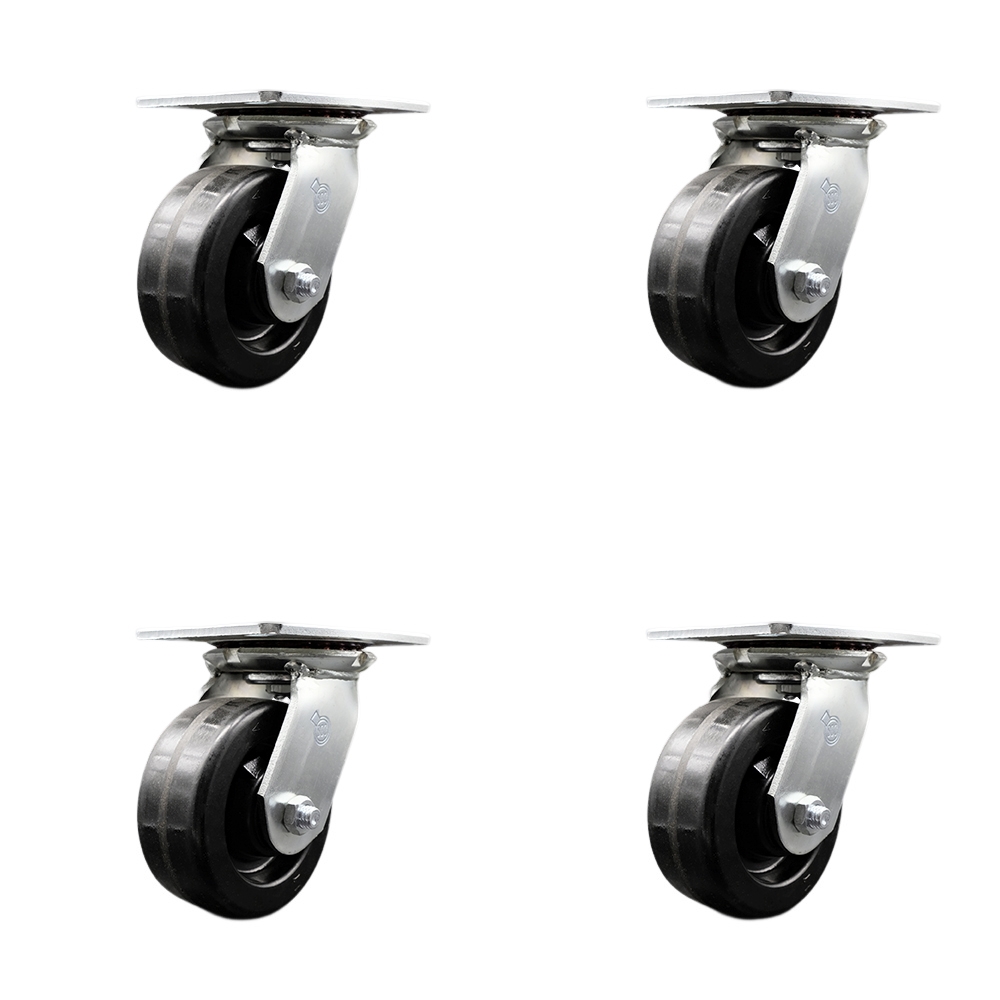 Heavy Duty Large Top Plate Phenolic Swivel Caster w/Main. Free Bearings Set of4 w/5" x 2" Black Wheels - Includes 4 Swivel - 4000 lbs Total Capacity - Service Caster Brand — photo 1