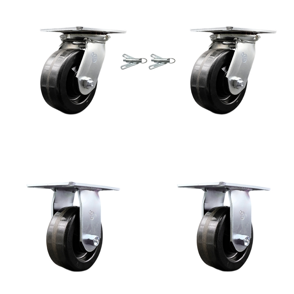 Heavy Duty Large Top Plate Phenolic Swivel Caster w/Main. Free Bearings Set of 4 w/5" x 2" Black Wheels-Includes 2 Swivel with Bolt on Swivel Lcks&2 Rigid-4000lbs Total Capacity - Service Caster Brand — photo 1