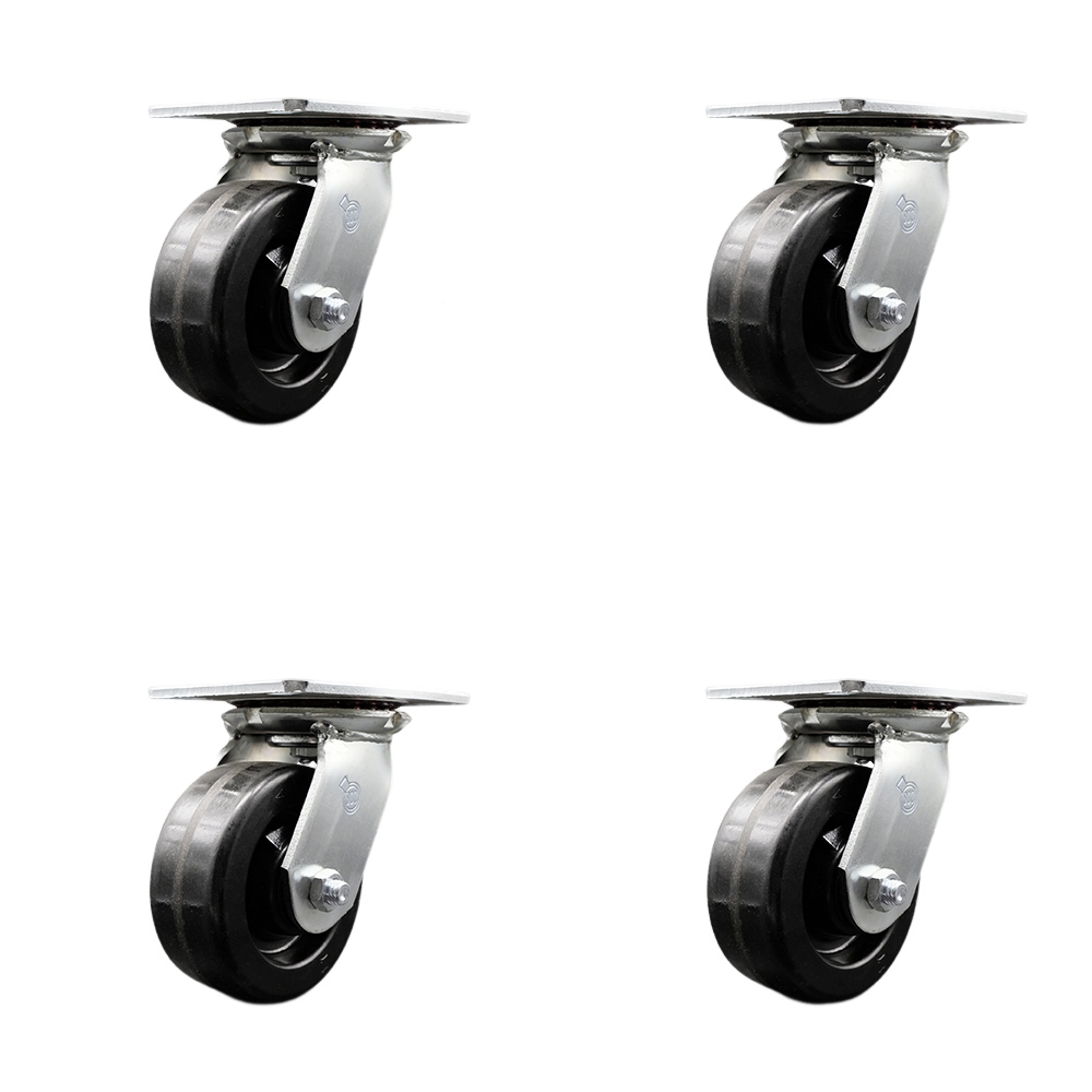 Heavy Duty Large Top Plate Phenolic Swivel Caster Set of 4 w/5" x 2" Black Wheels - Includes 4 Swivel w/Bolt on Swivel Locks - 4000 lbs Total Capacity - Service Caster Brand — photo 1