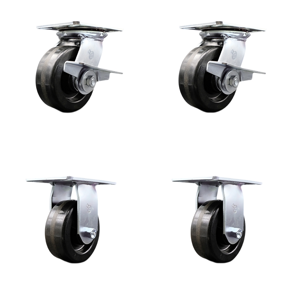 Heavy Duty Large Top Plate Phenolic Swivel Caster w/Main. Free Bearings Set of4 w/5" x 2" Black Wheels - Includes 2 Swivel with Brakes & 2 Rigid - 4000 lbs Total Capacity - Service Caster Brand — photo 1