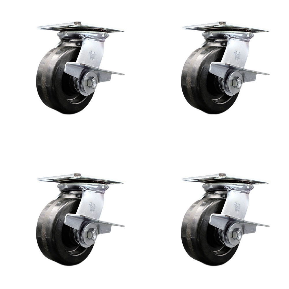 Heavy Duty Large Top Plate Phenolic Swivel Caster w/Main. Free Bearings Set of4 w/5" x 2" Black Wheels - Includes 4 Swivel w/Side Lck Brakes - 4000 lbs Total Capacity - Service Caster Brand — photo 1