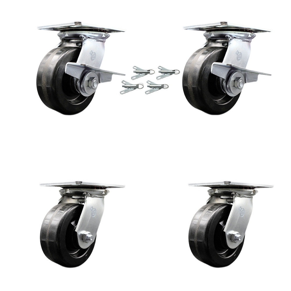 Heavy Duty Large Top Plate Phenolic Swivel Caster Set 4 w/5" x 2" Black Wheels-Includes 2 Swvl w/Brakes and Bolt on Swvl Lcks& 2 Swvl w/Bolt on Swvl Lcks-4000 lbs Total Cpty- Service Caster Brand — photo 1