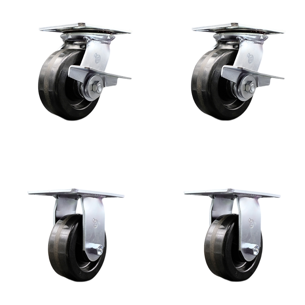 Heavy Duty Large Top Plate Phenolic Swivel Caster w/Main. Free Bearings Set of 4 w/5" x 2" Black Wheels - Includes 2 Swivel with Brakes and Bolt on Swivel Locks & 2 Rigid - Service Caster Brand — photo 1