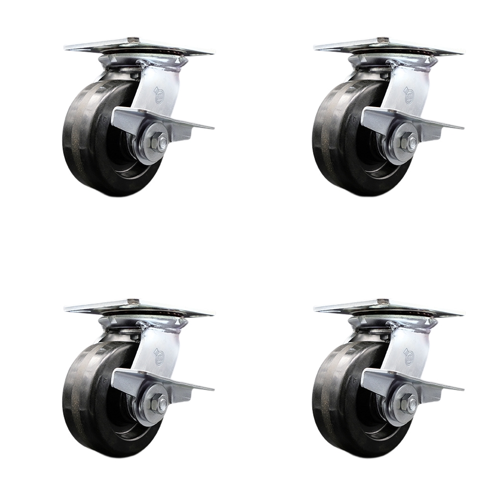 Heavy Duty Large Top Plate Phenolic Swivel Caster w/Main. Free Bearings Set 4 w/5" x 2" Black Wheels-Includes 2 Swivel with Brakes and Bolt on Swivel Locks&2 Swivel with Brakes - Service Caster Brand — photo 1