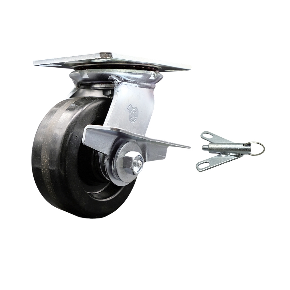Heavy Duty Large Top Plate Phenolic Swivel Caster w/Main. Free Bearings and 5" x 2" Black Wheel & Side Lck Brake and Bolt on Swivel Lock - 1000 lbs Capacity/Caster - Service Caster Brand — photo 1