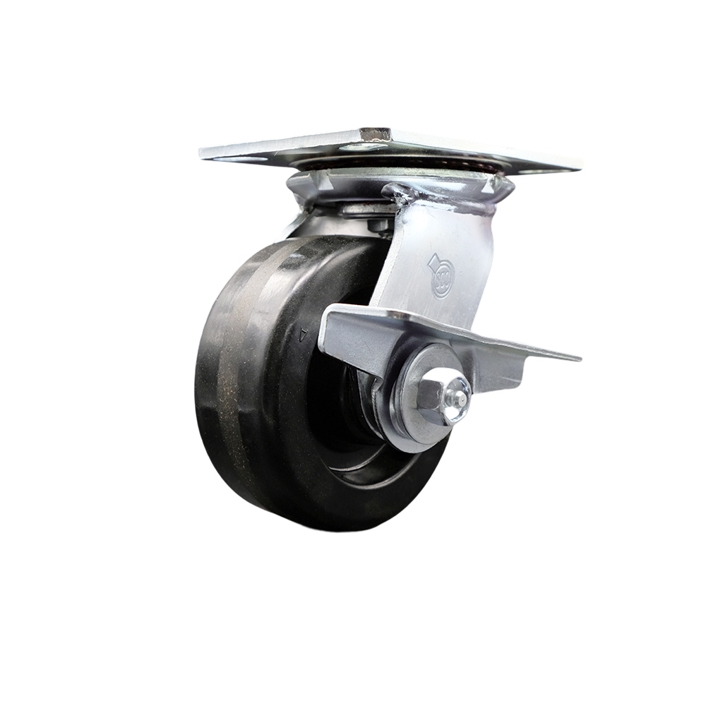 Heavy Duty Large Top Plate Phenolic Swivel Caster w/Main. Free Bearings and 5" x 2" Black Wheel & Side Lck Brake - 1000 lbs Capacity/Caster - Service Caster Brand — photo 1