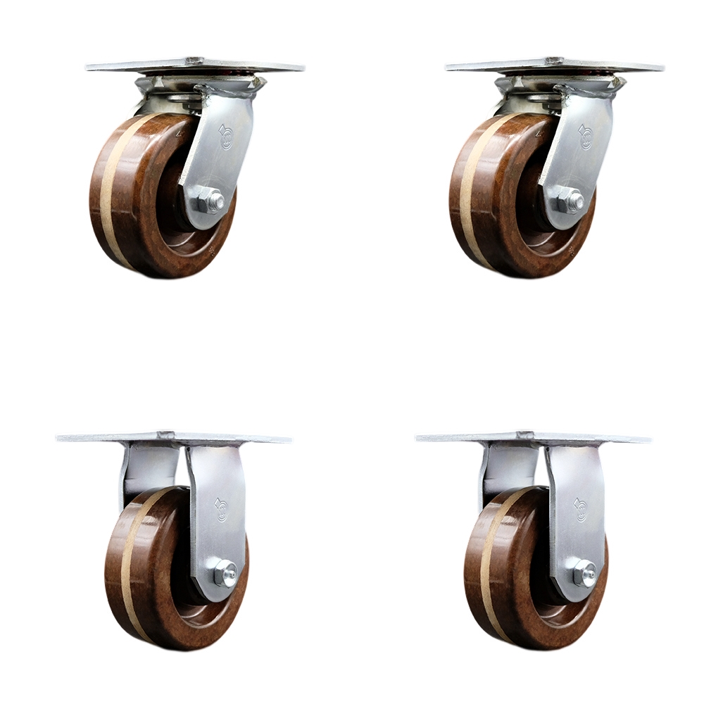 Heavy Duty Large Top Plate High Temperature Phenolic Swivel Caster Set of 4 w/5" x 2" Brown Wheels - Includes 2 Swivel & 2 Rigid - 4000 lbs Total Capacity - Service Caster Brand — photo 1