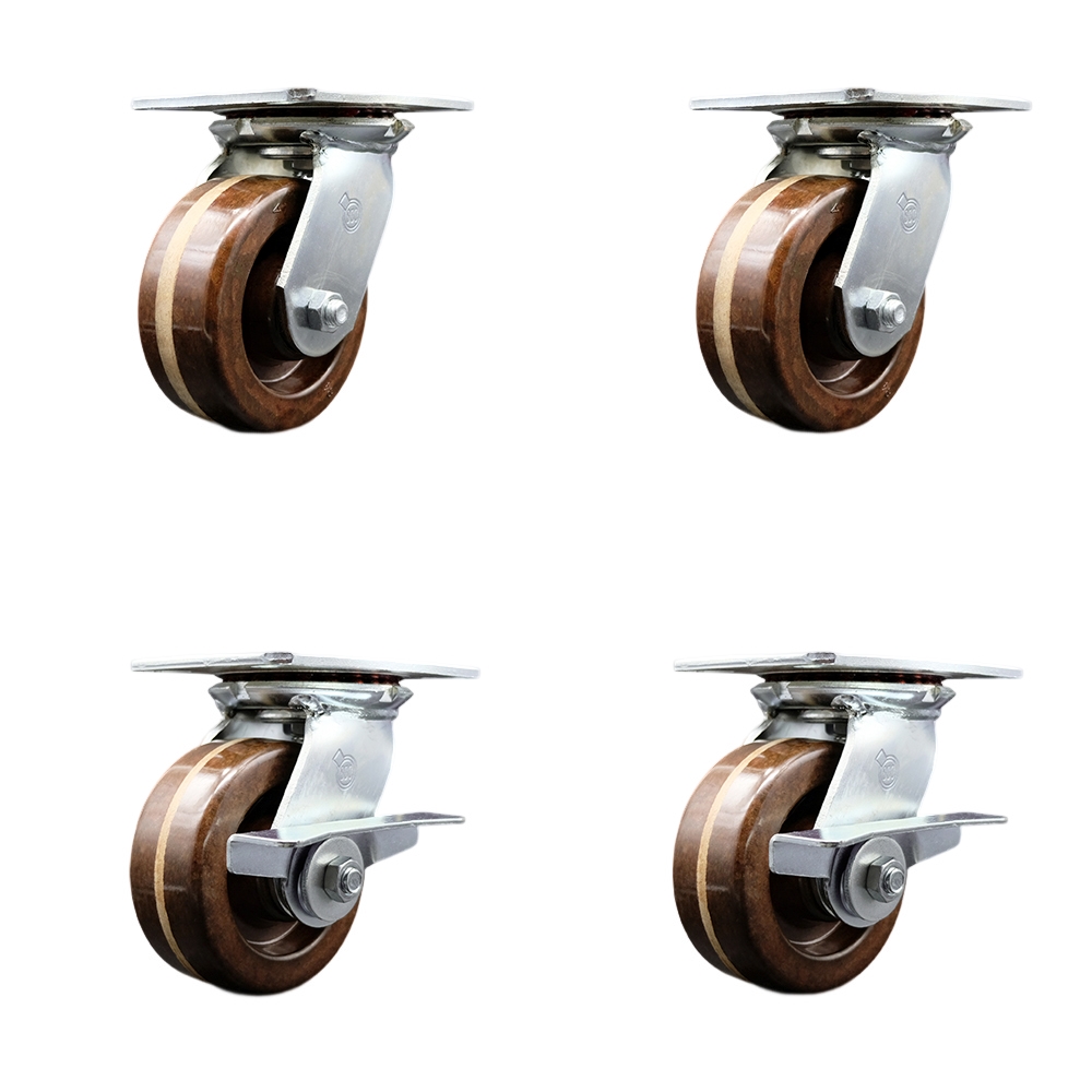 Heavy Duty Large Top Plate High Temperature Phenolic Swivel Caster Set of 4 w/5" x 2" Brown Wheels - Includes 2 Swivel with Brakes & 2 Swivel - 4000 lbs Total Capacity - Service Caster Brand — photo 1